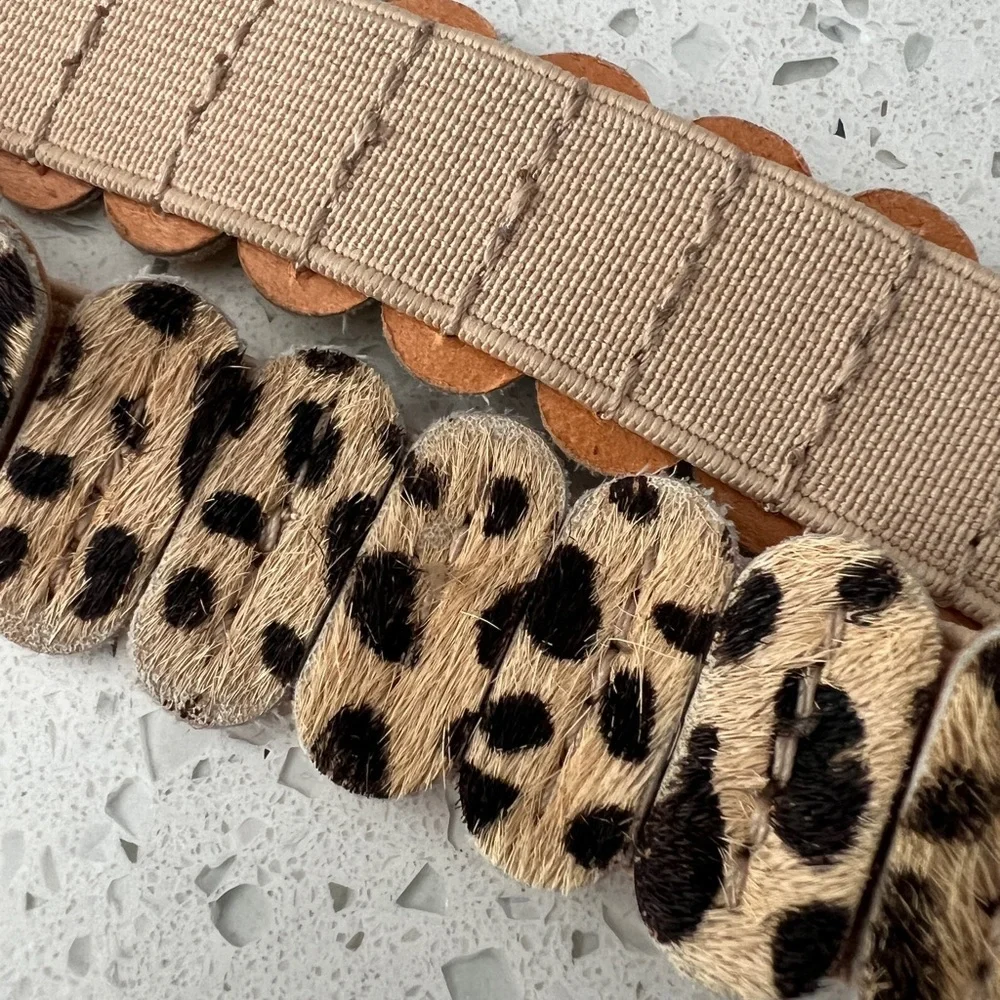 EUC Leopard Print Calfskin Elastic Belt Tan & Black OS